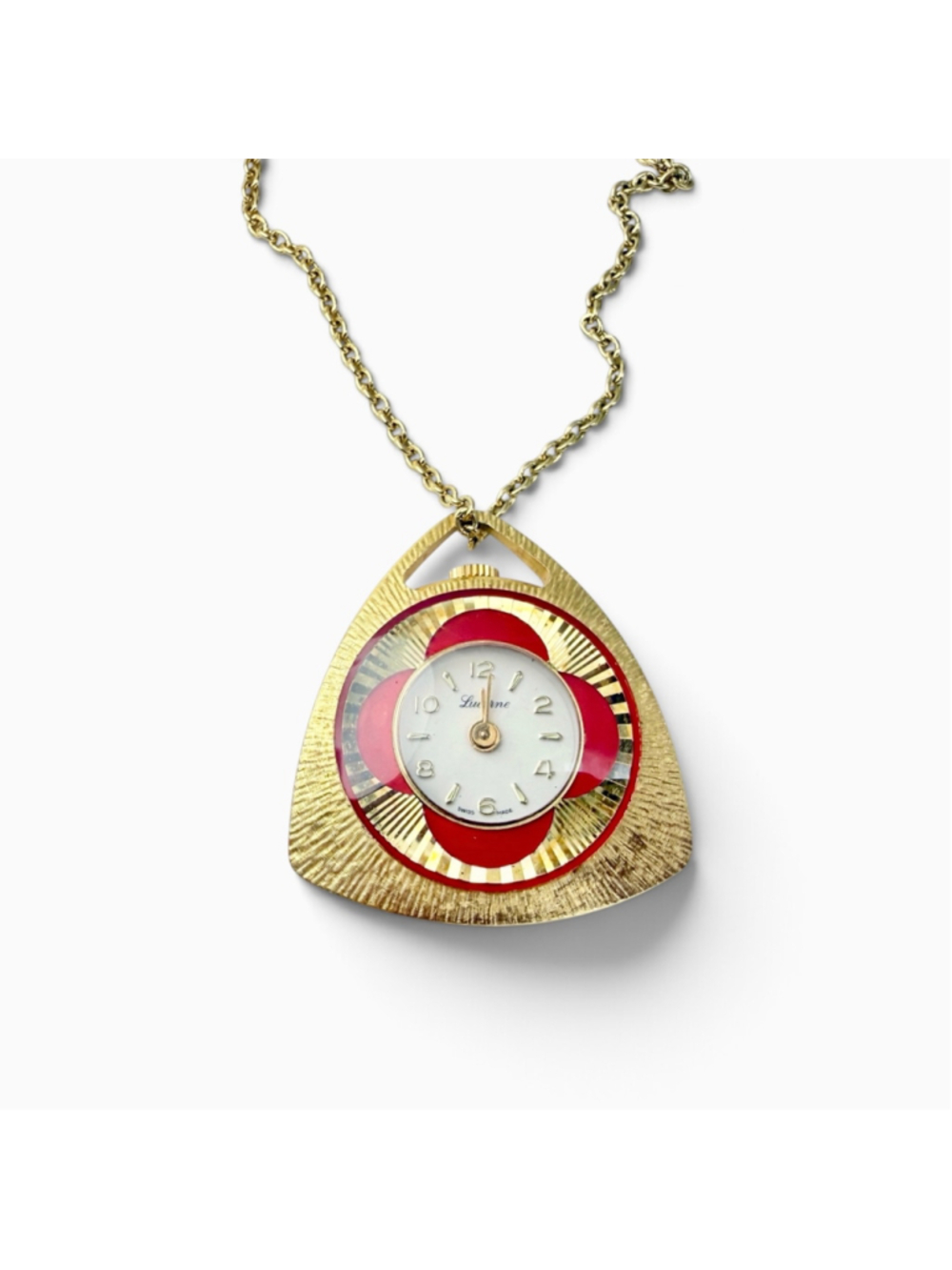 Vintage Lucerne Swiss Made Pendant Watch Red Gold Tone Necklace 1960s
